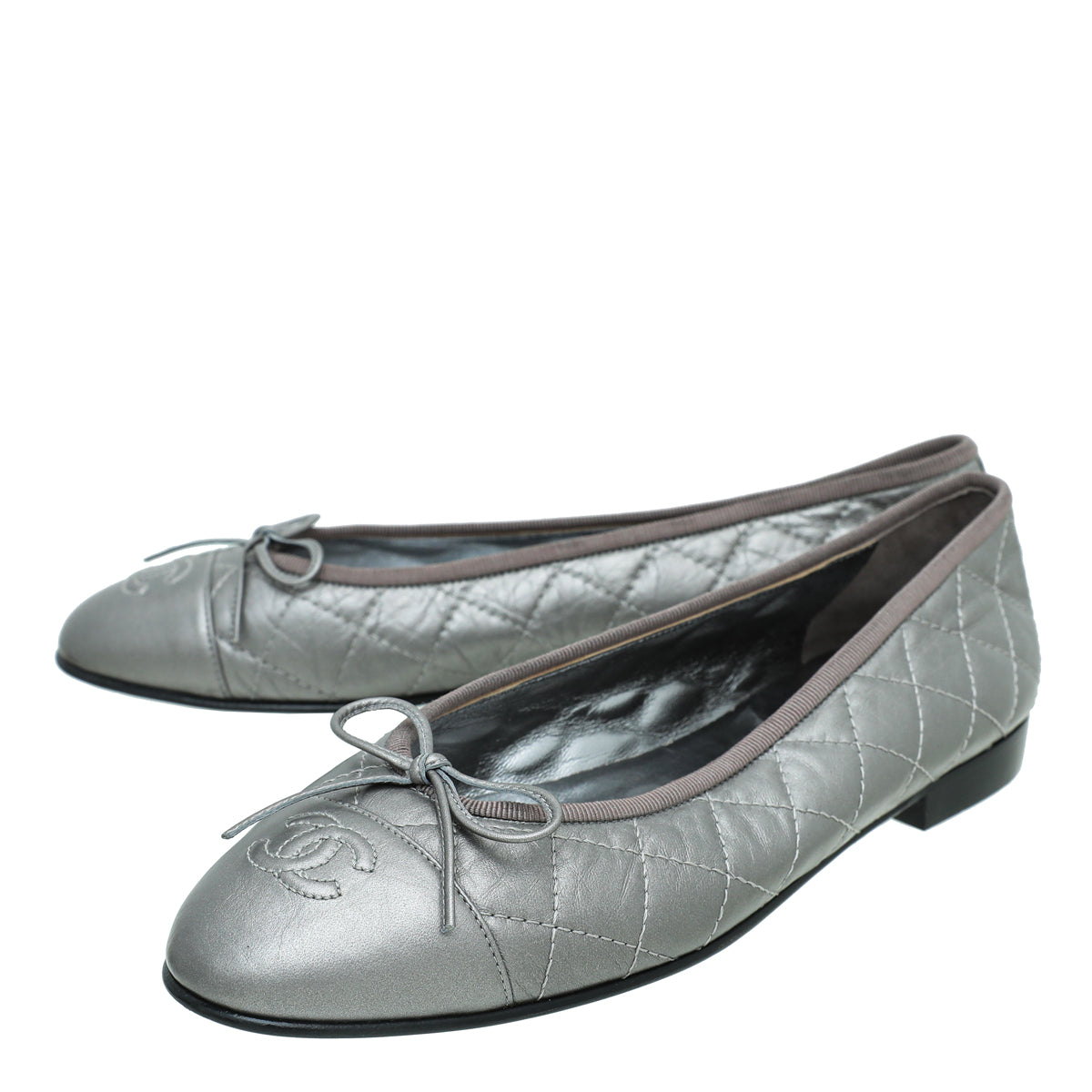 Chanel Metallic Grey CC Cap Toe Bow Ballerina
