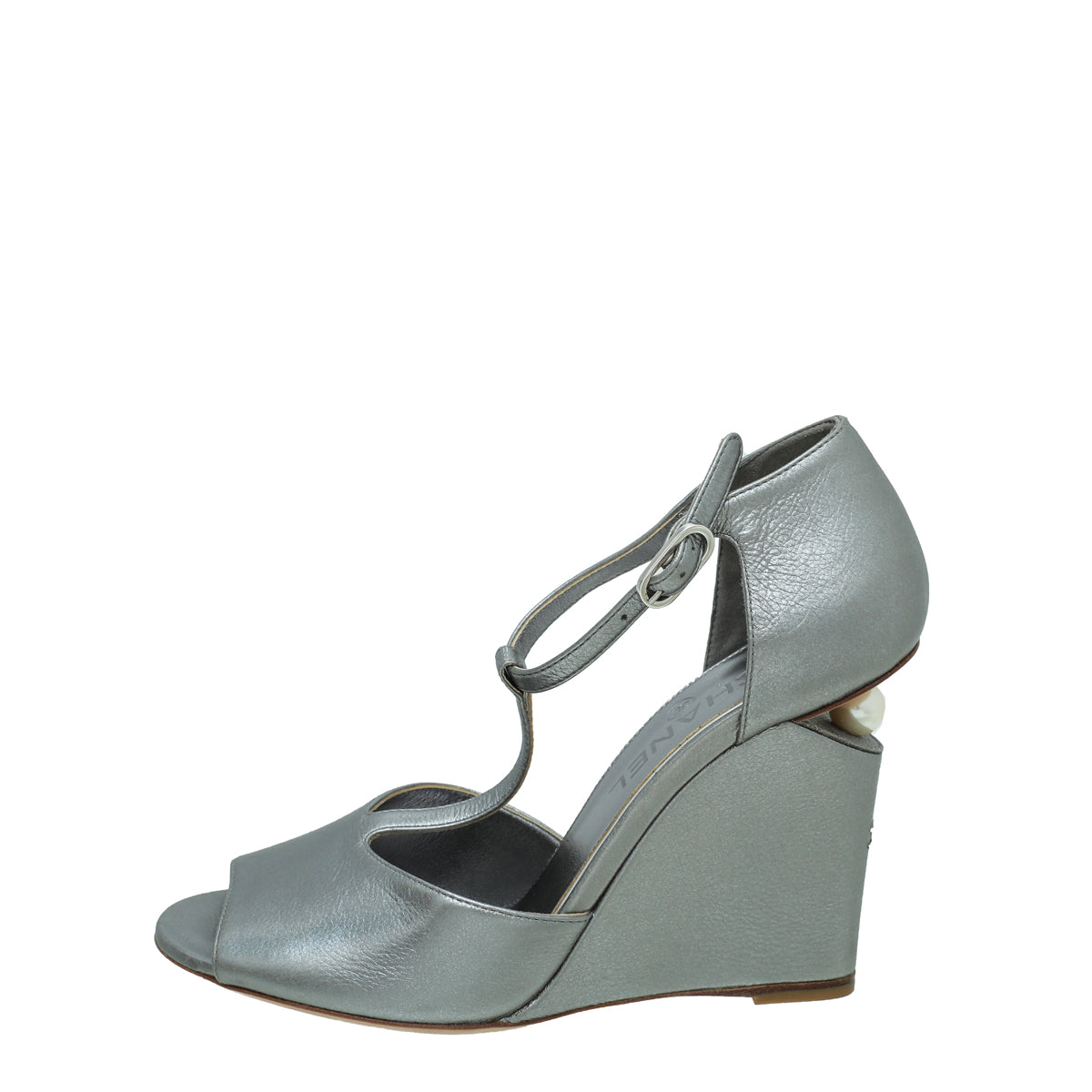 Chanel Metallic Silver T Strap CC Pearl Wedge Sandals 38