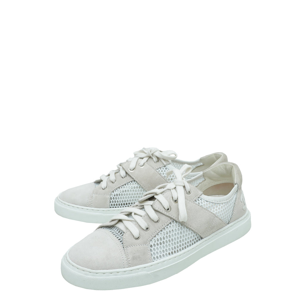 Chanel White CC Mesh Suede Sneaker 38