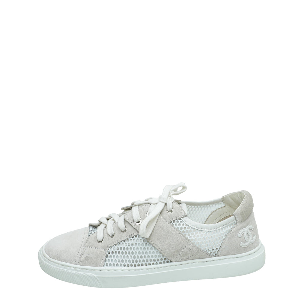 Chanel White CC Mesh Suede Sneaker 38