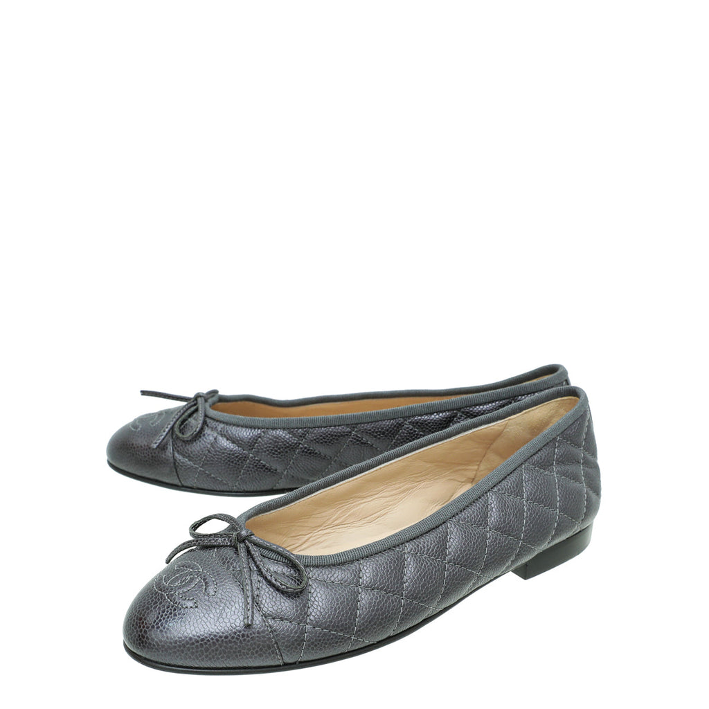 Chanel Metallic Dark Grey CC Cap Toe Quilted Flat Ballerina 38