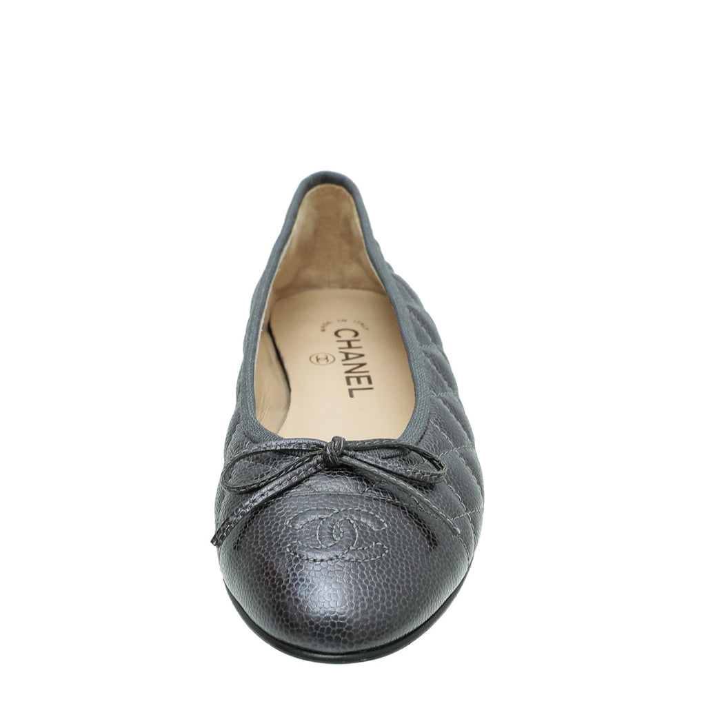Chanel Metallic Dark Grey CC Cap Toe Quilted Flat Ballerina 38