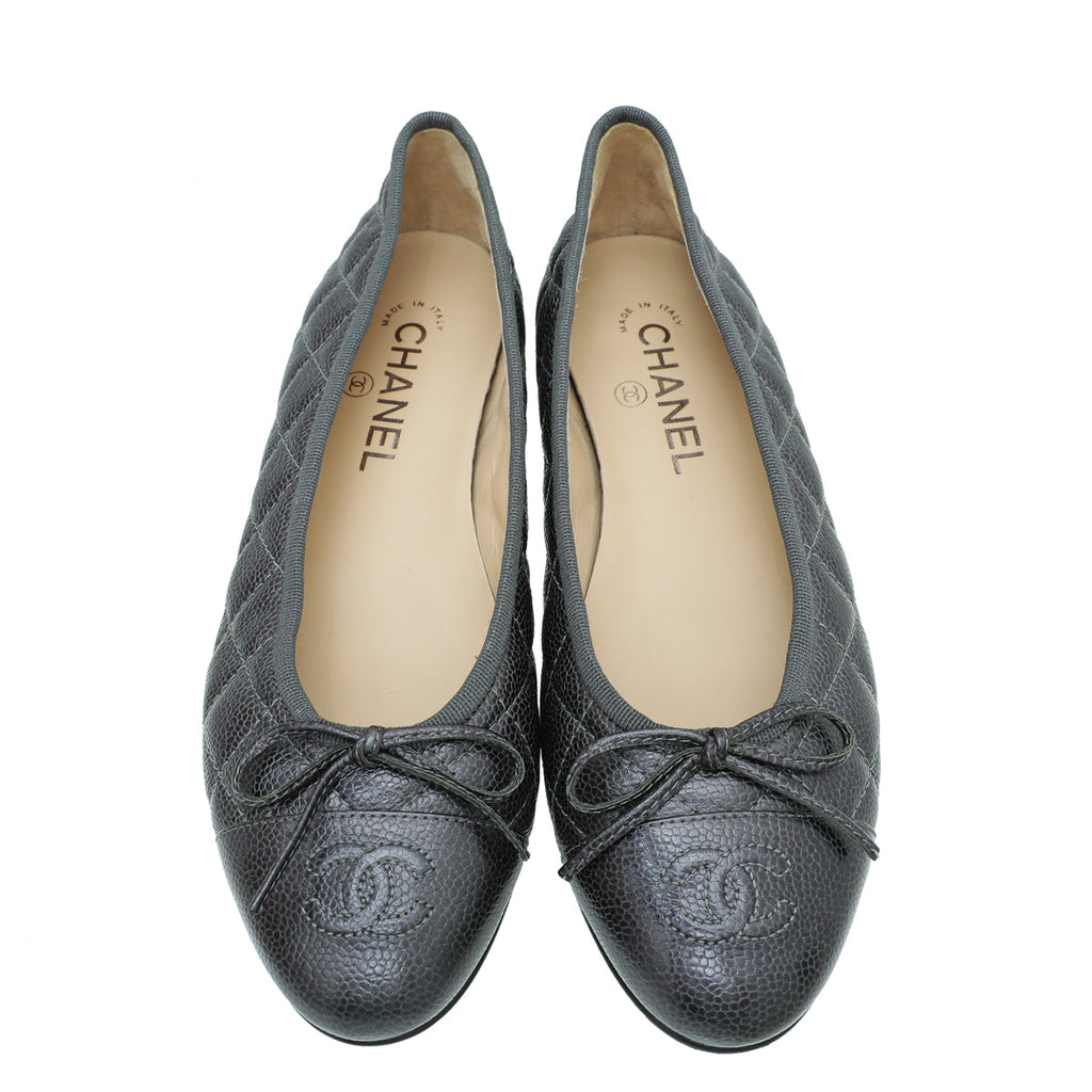 Chanel Metallic Dark Grey CC Cap Toe Quilted Flat Ballerina 38