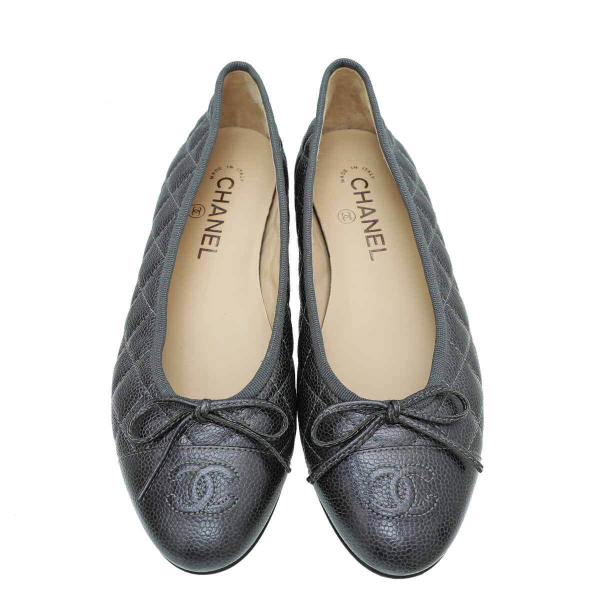 Chanel Metallic Dark Grey CC Cap Toe Quilted Flat Ballerina 38