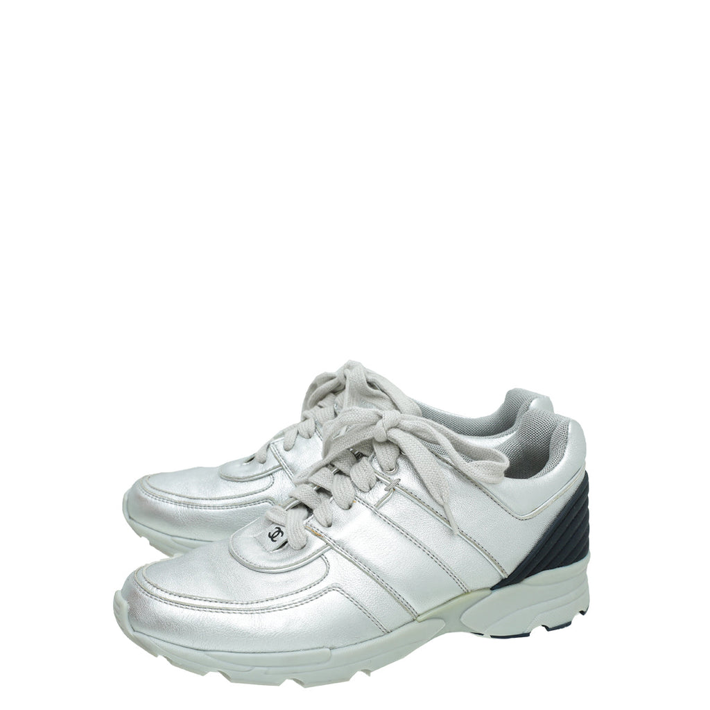 Chanel Metallic Silver CC Metallic Trainer Sneaker 38