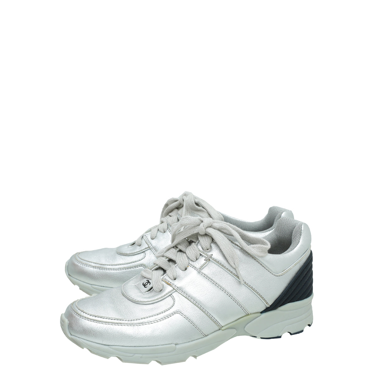 Chanel Metallic Silver CC Metallic Trainer Sneaker 38