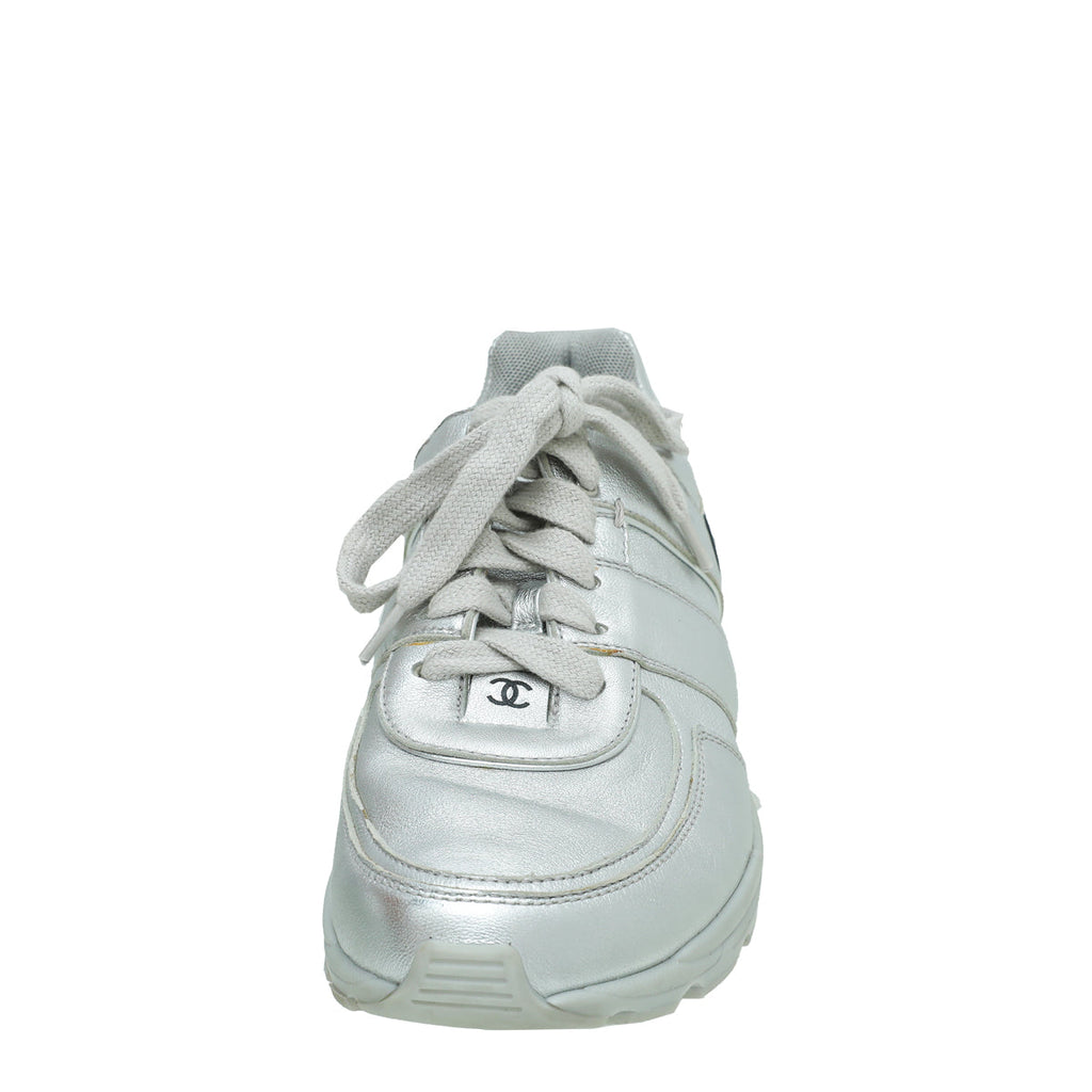 Chanel Metallic Silver CC Metallic Trainer Sneaker 38