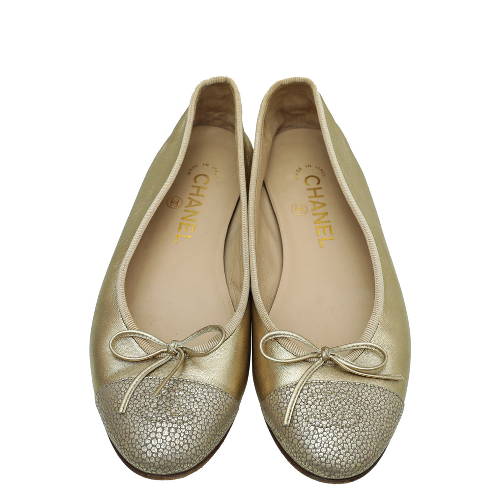 Chanel Metallic Gold CC Cap Toe Ballet Flats 38