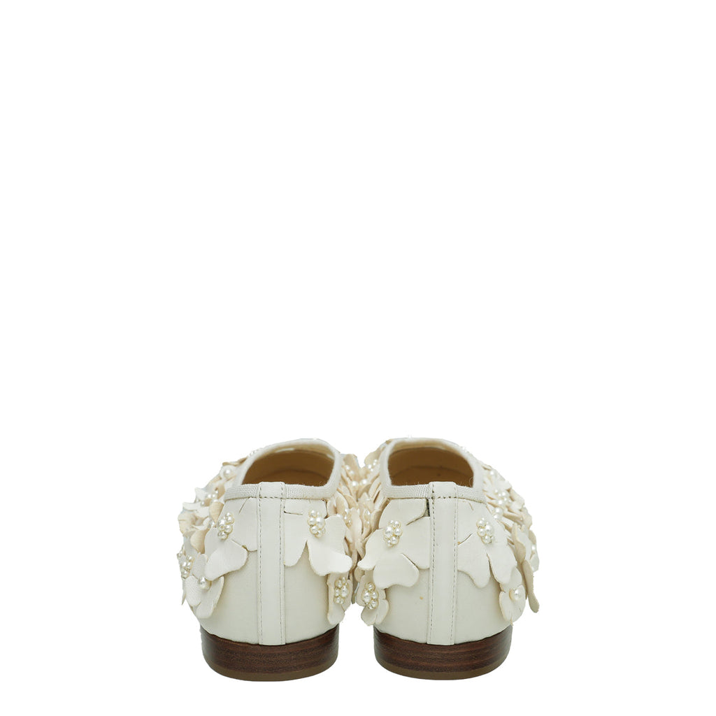 Chanel White CC Cap Toe Flower Pearl Embroidered Flat Ballet 38