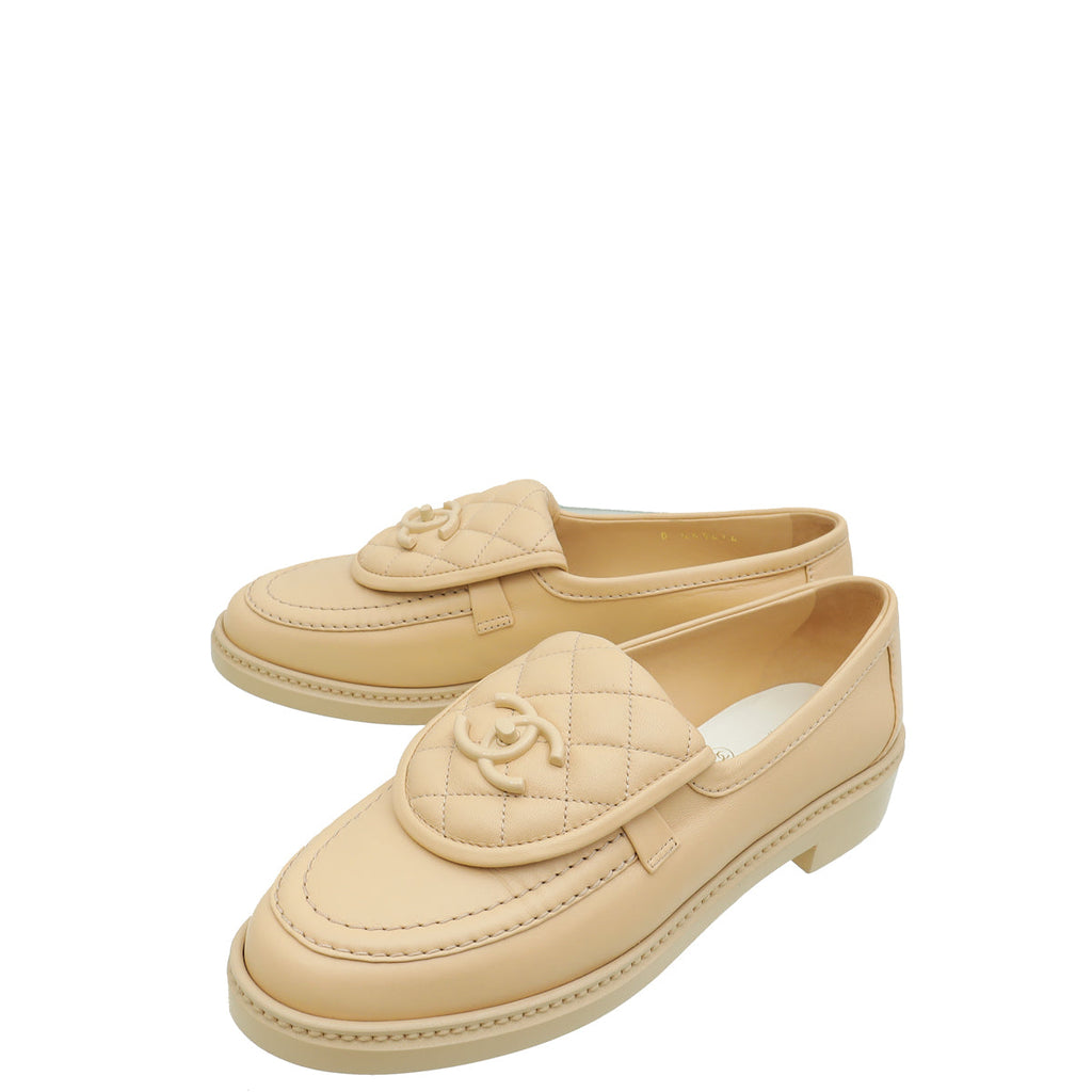 Chanel Beige CC Pocket Quilted Moccasin Loafer 38