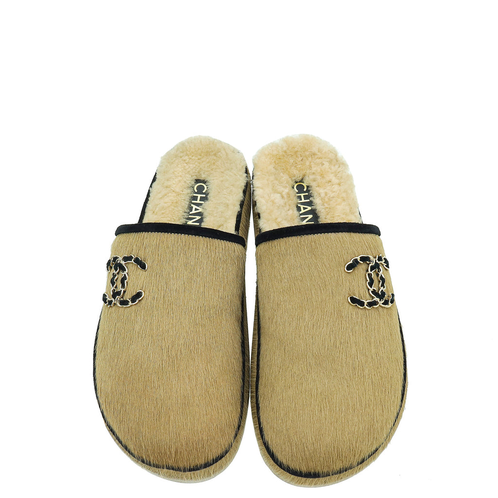 Chanel Bicolor CC Pony Hair and Shearling Mules 37