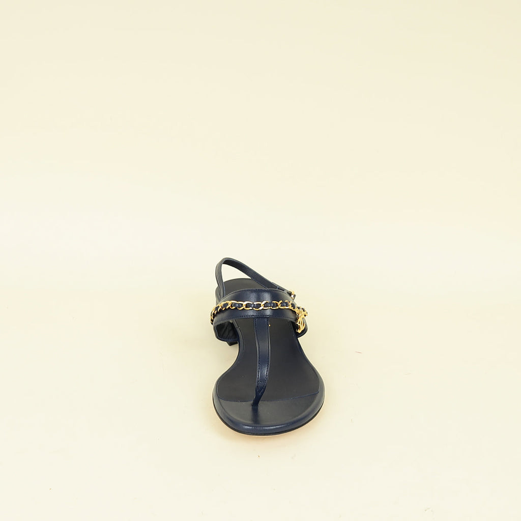 Chanel Navy Blue CC Charm Chain Thong Sandal 37.5
