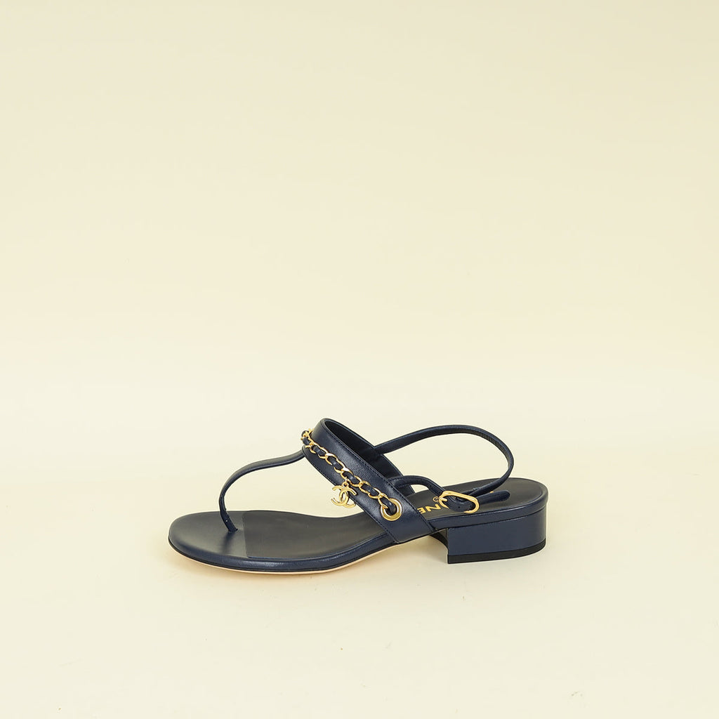 Chanel Navy Blue CC Charm Chain Thong Sandal 37.5