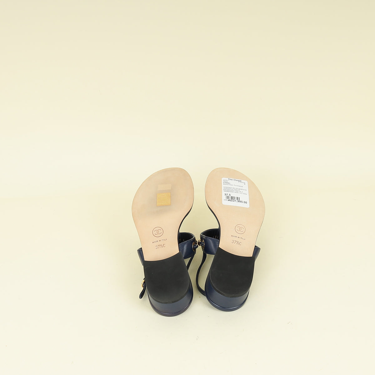 Chanel Navy Blue CC Charm Chain Thong Sandal 37.5