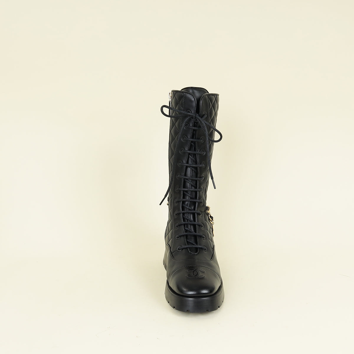 Chanel Black Mid-Calf Boots w/Chain CC Detail 37.5