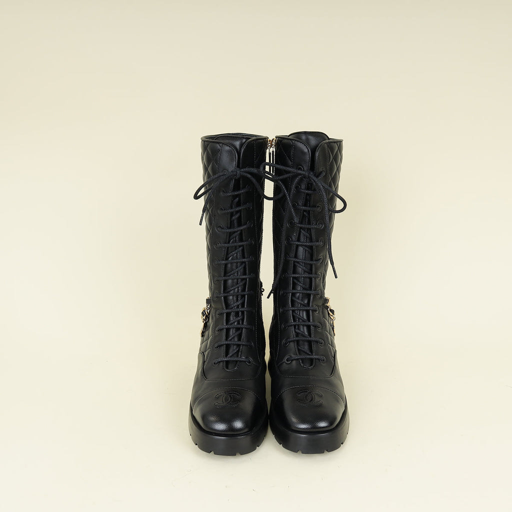 Chanel Black Mid-Calf Boots w/Chain CC Detail 37.5