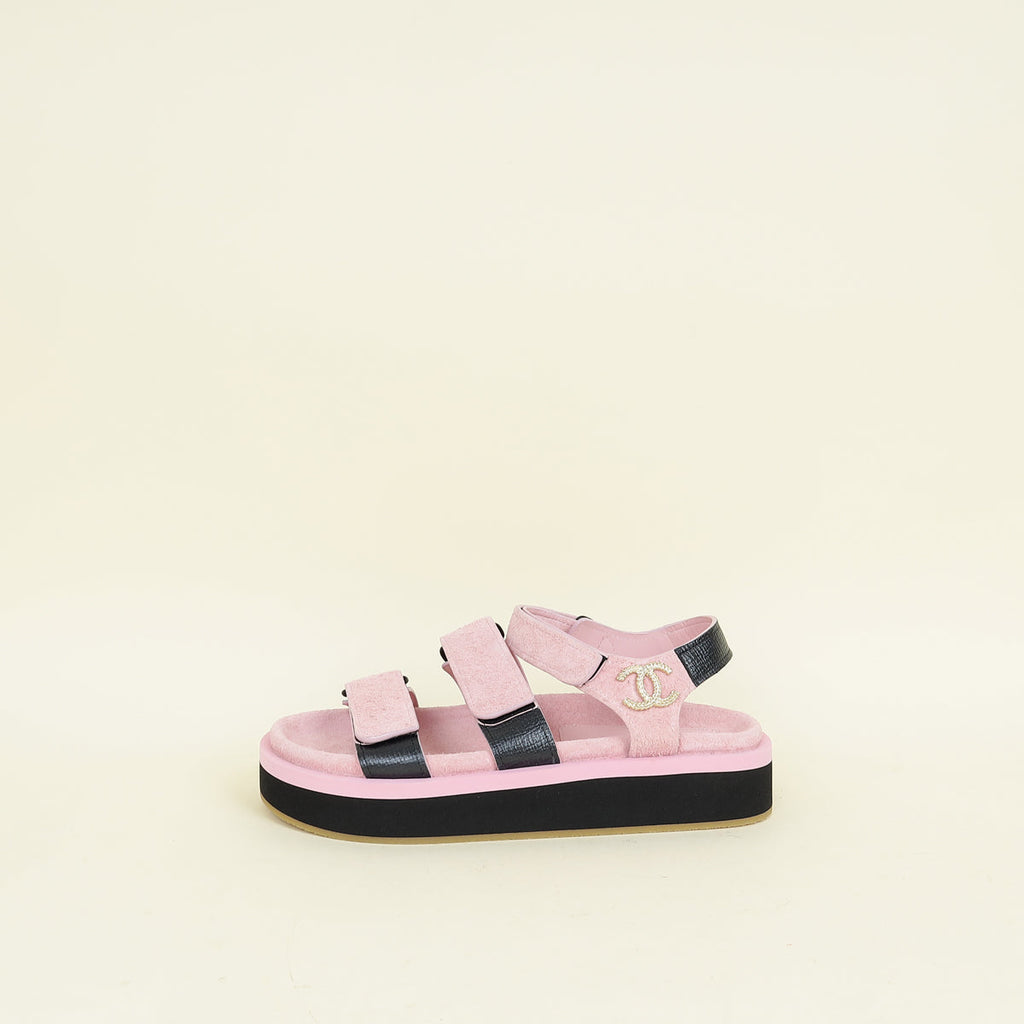 Chanel Bicolor CC Suede Velcro Flat Sandals 38