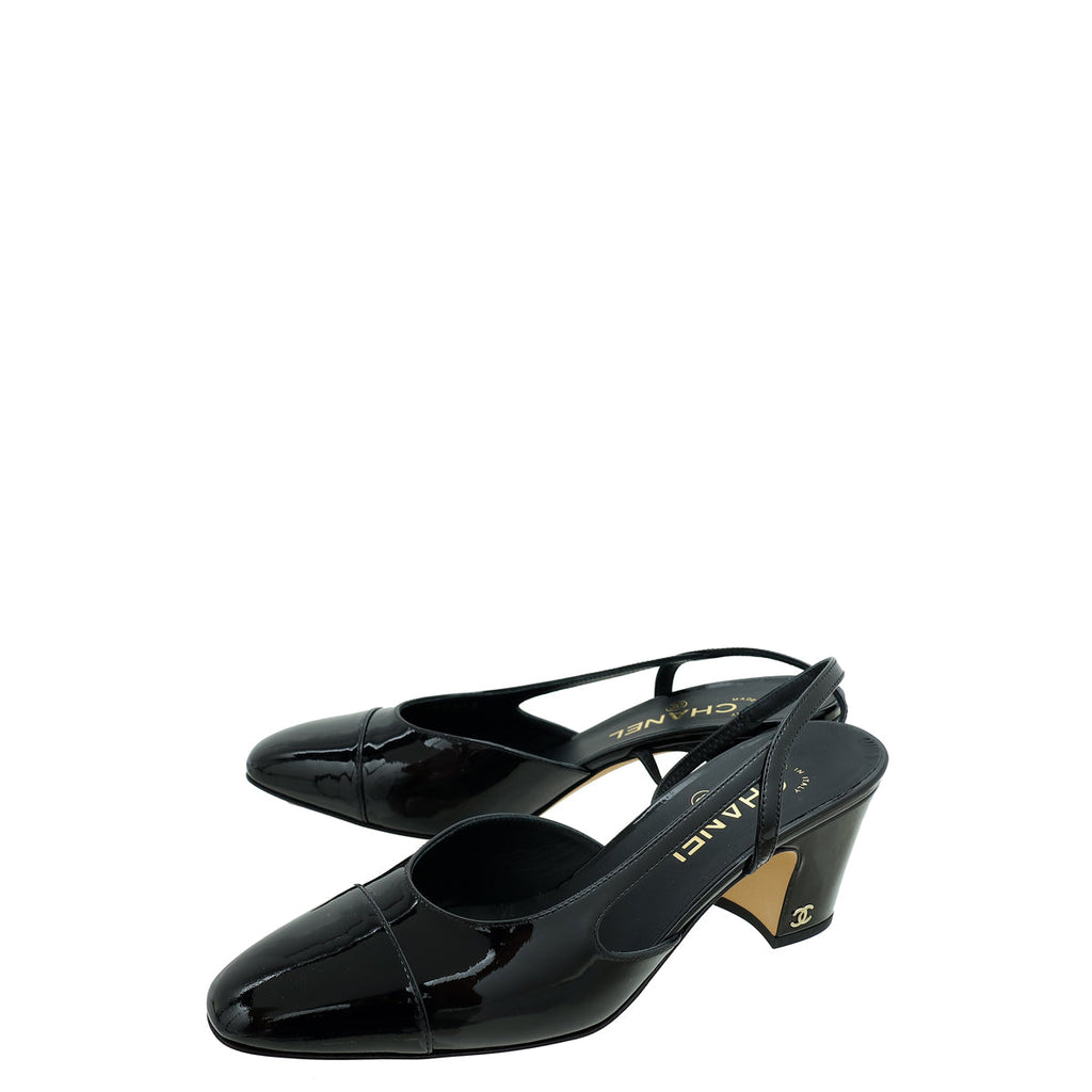 Chanel Black Cap Toe Slingback Pumps 38