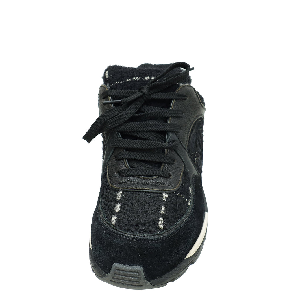 Chanel Black Tweed CC Lace Up Sneakers 35.5