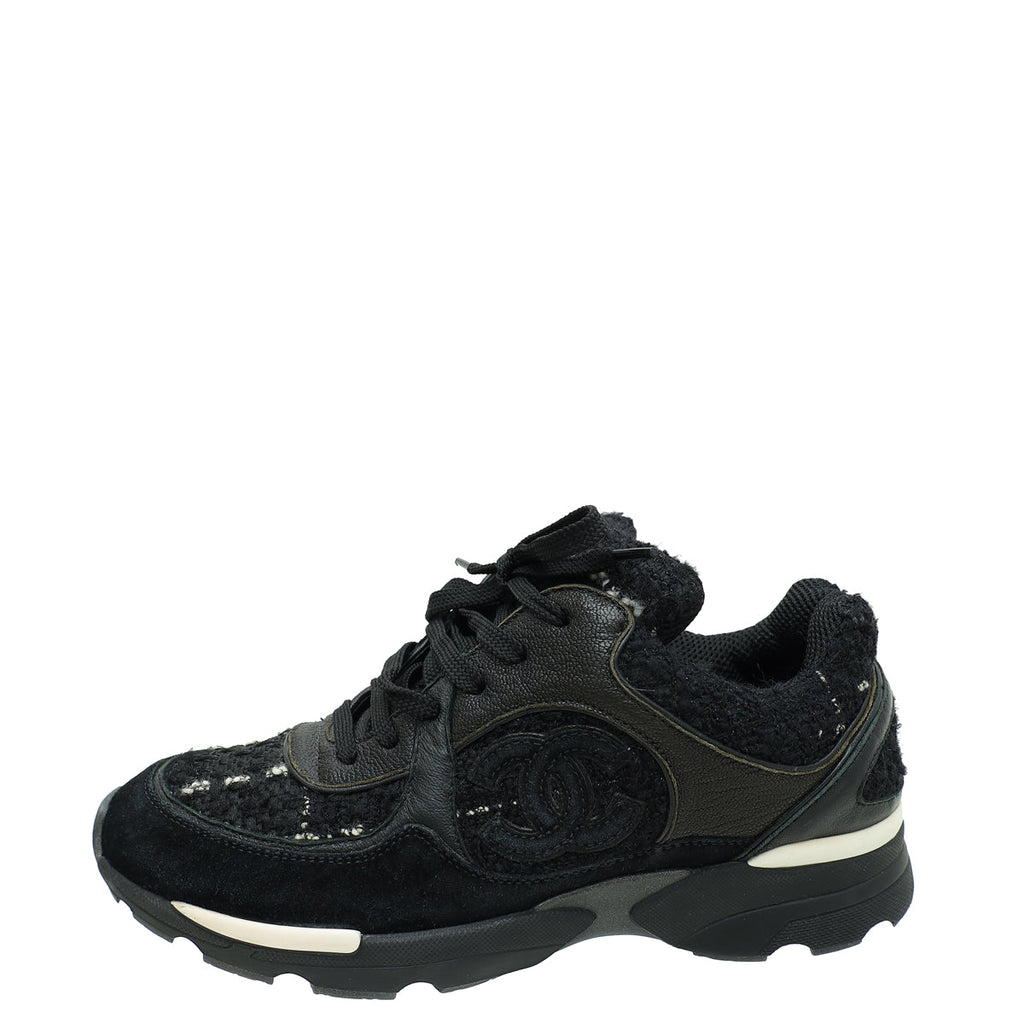 Chanel Black Tweed CC Lace Up Sneakers 35.5