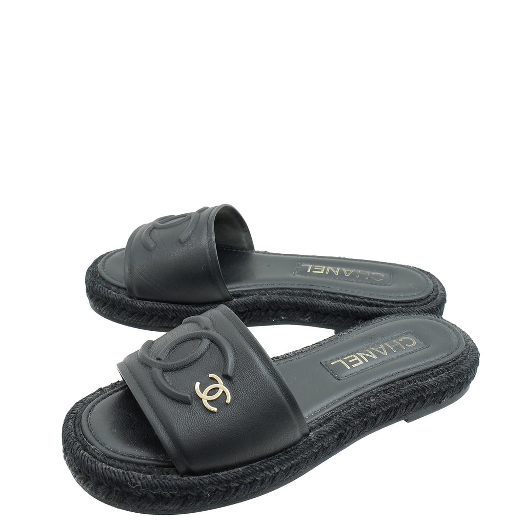 Chanel Black CC Espadrille Mule Sandals 36