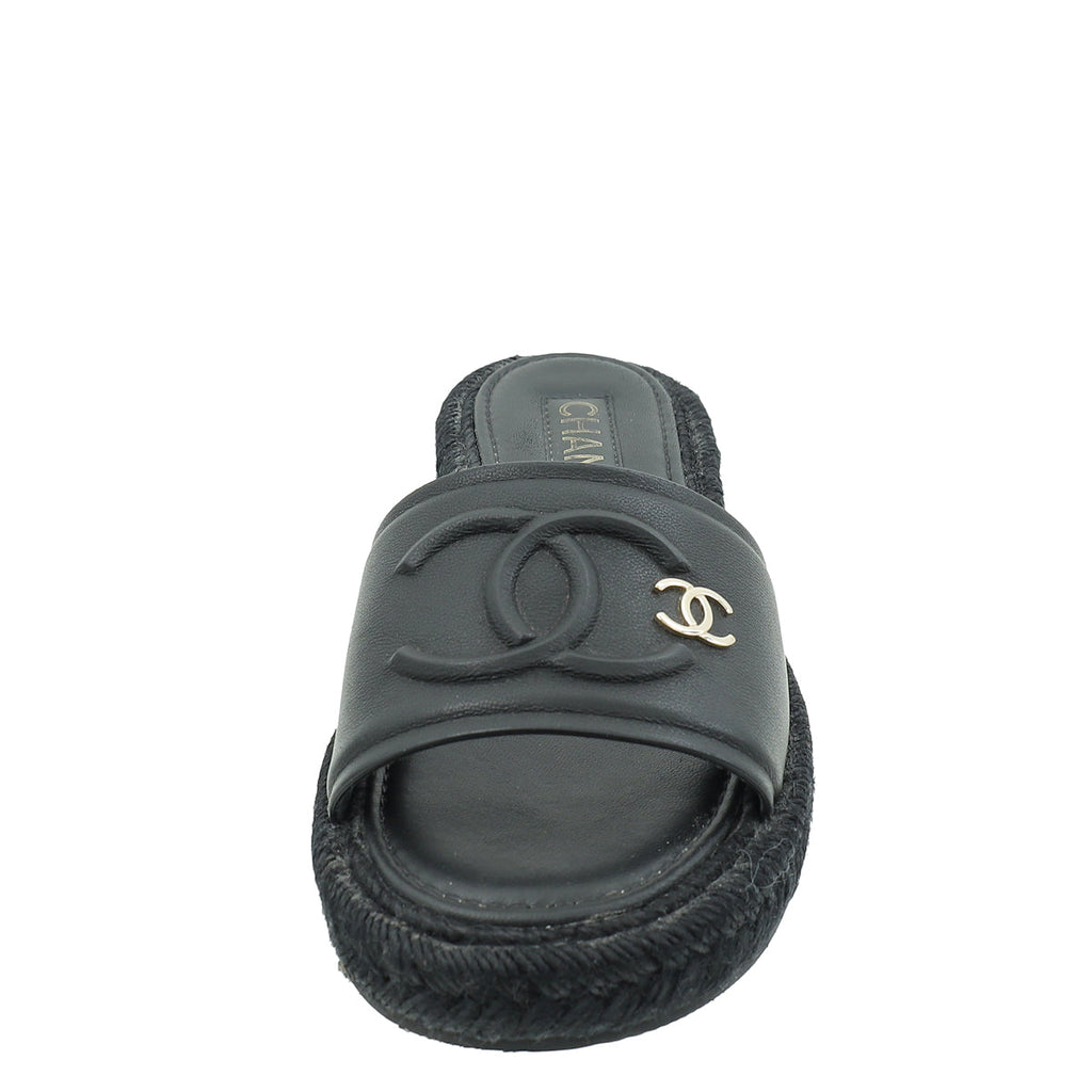 Chanel Black CC Espadrille Mule Sandals 36