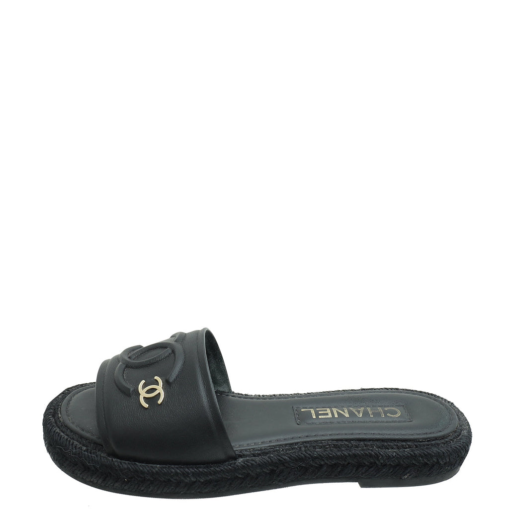 Chanel Black CC Espadrille Mule Sandals 36
