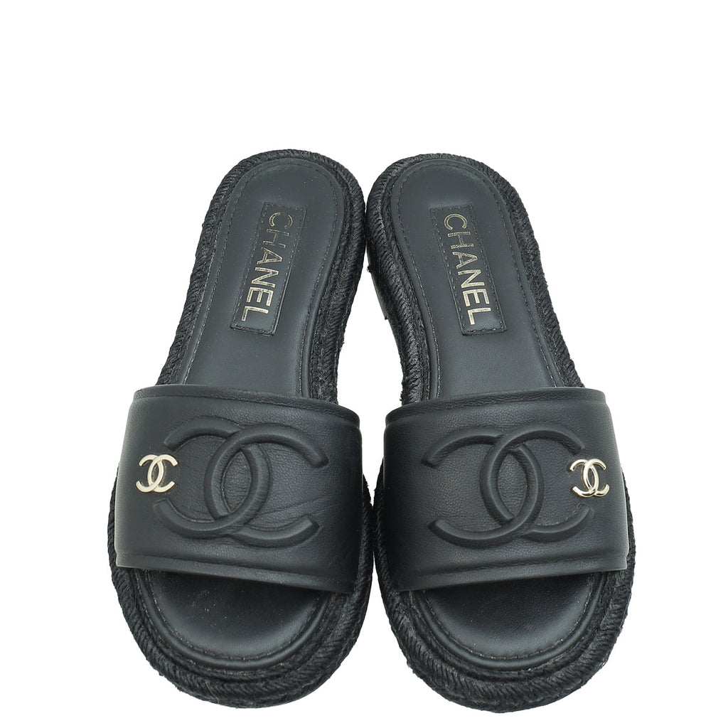Chanel Black CC Espadrille Mule Sandals 36