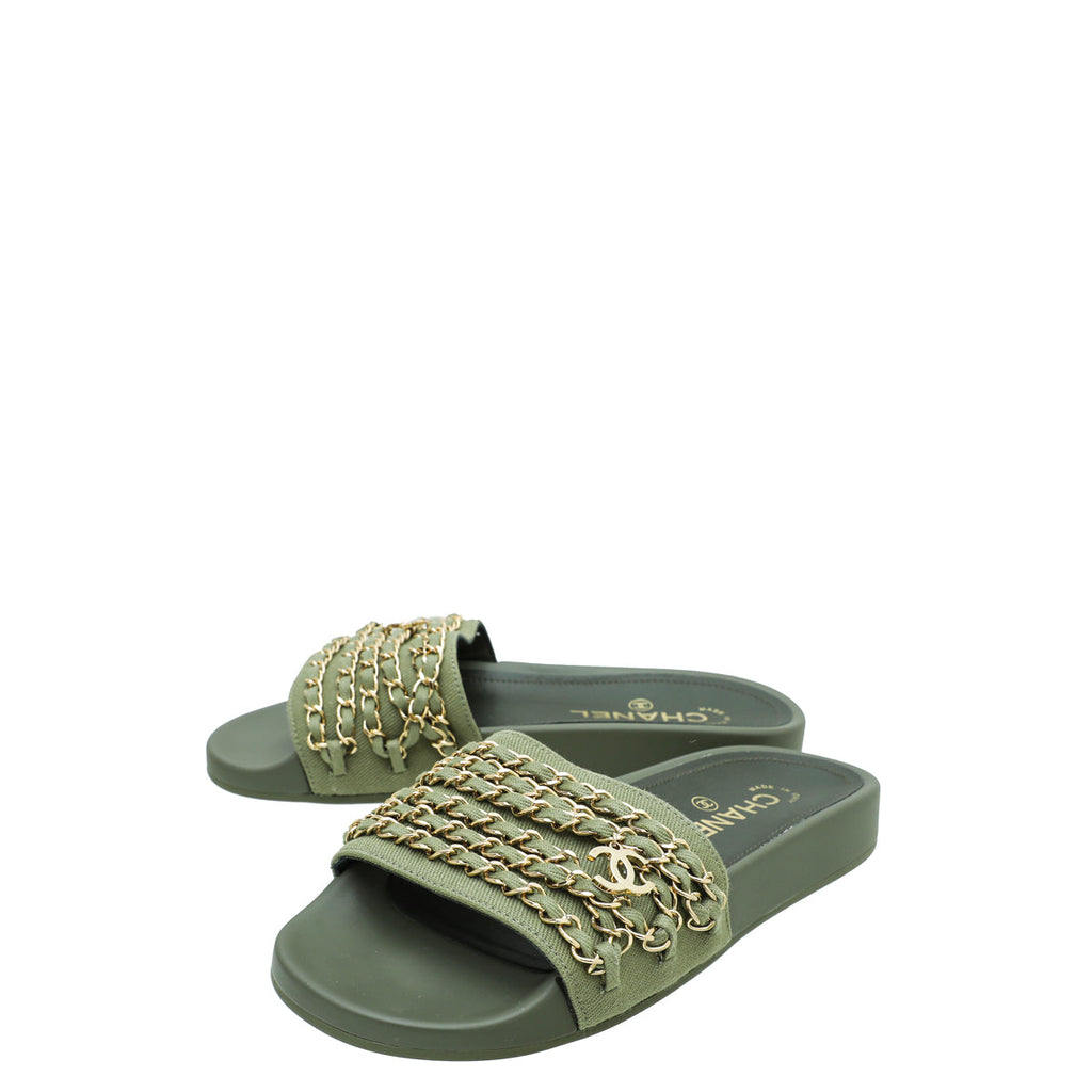 Chanel Khaki CC Chain Pool Slide Mule