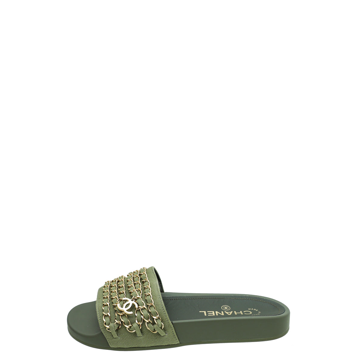 Chanel Khaki CC Chain Pool Slide Mule