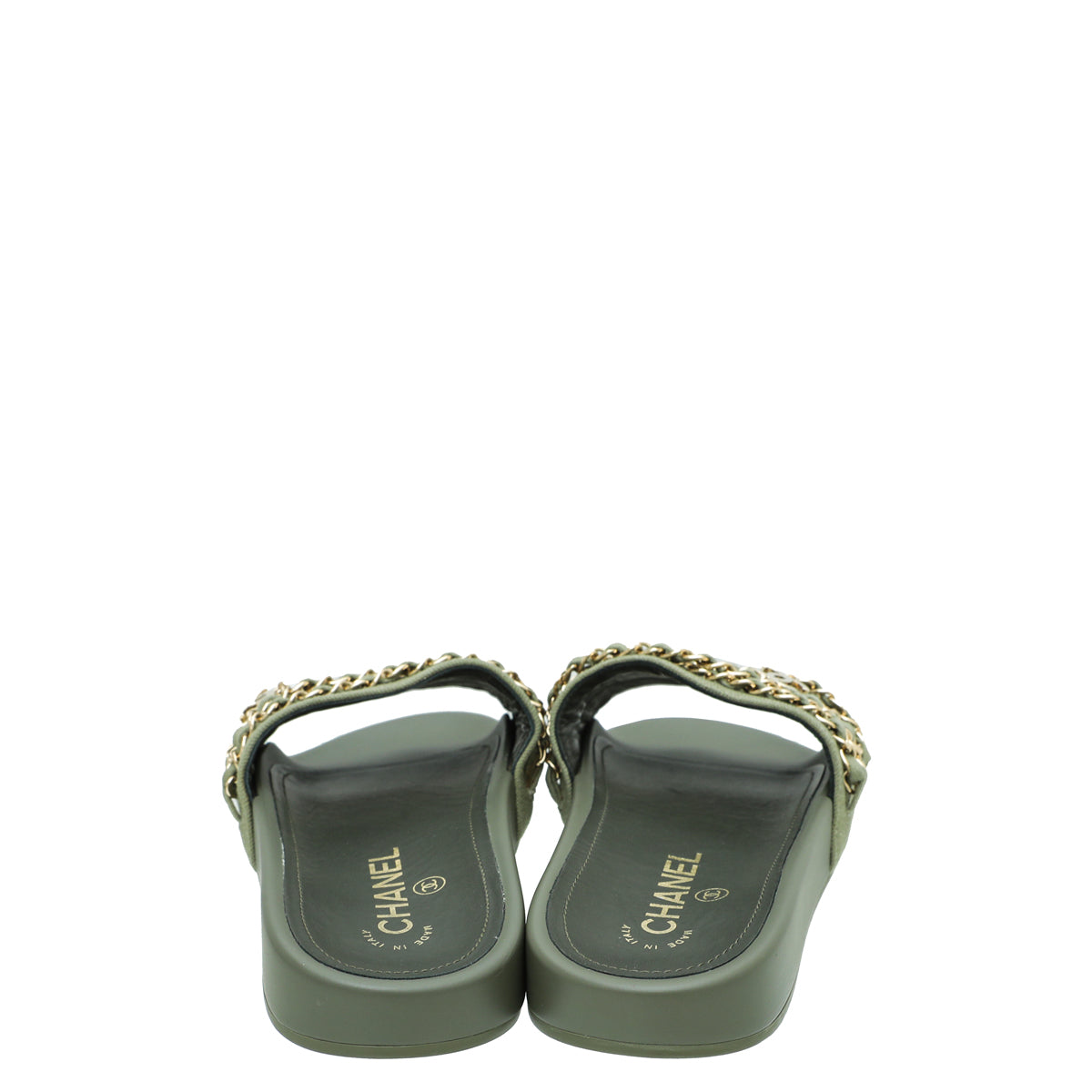 Chanel Khaki CC Chain Pool Slide Mule