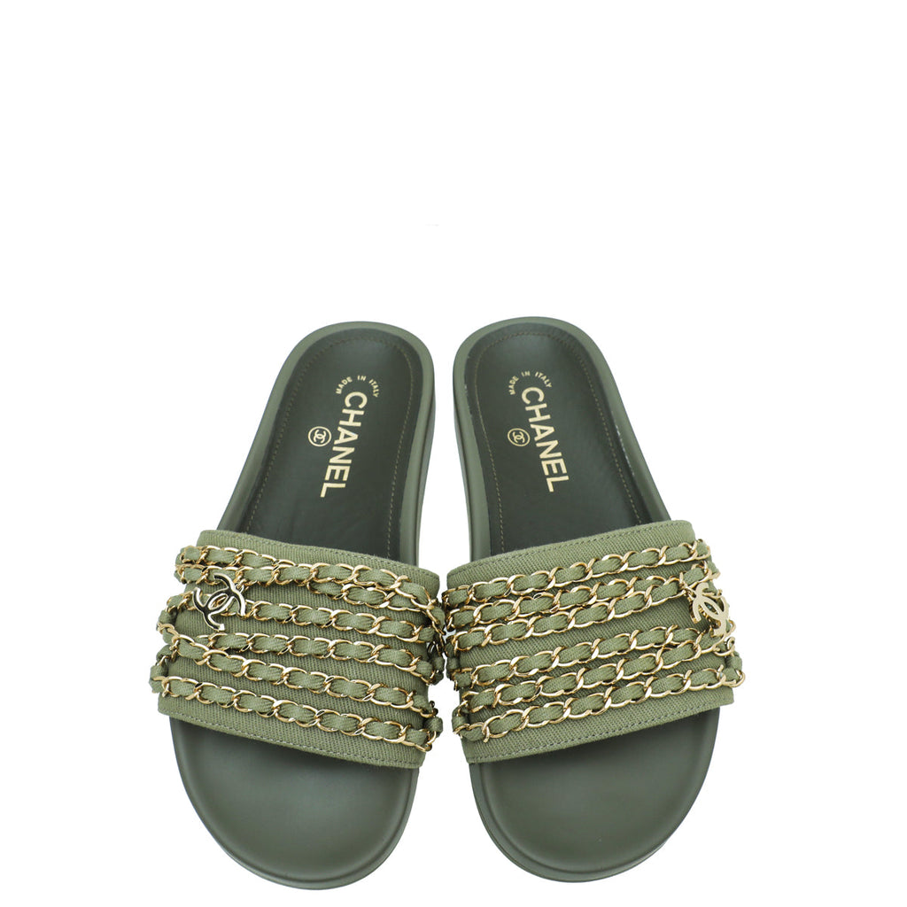 Chanel Khaki CC Chain Pool Slide Mule