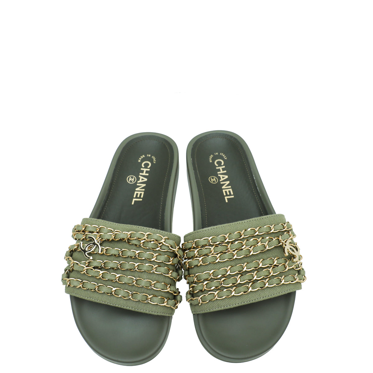 Chanel Khaki CC Chain Pool Slide Mule