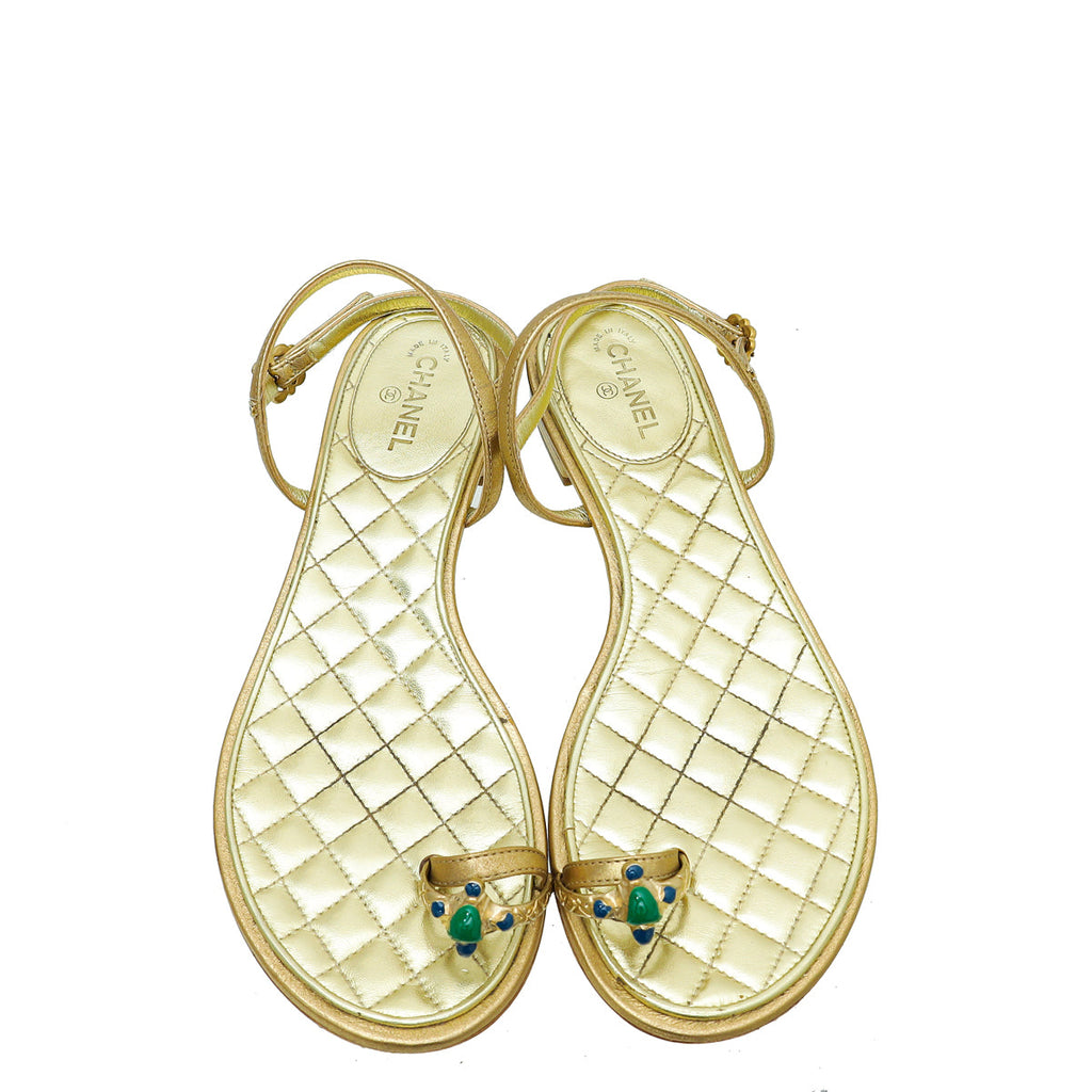 Chanel Metallic Gold Jeweled Toe Ring Ankle Strap 37.5