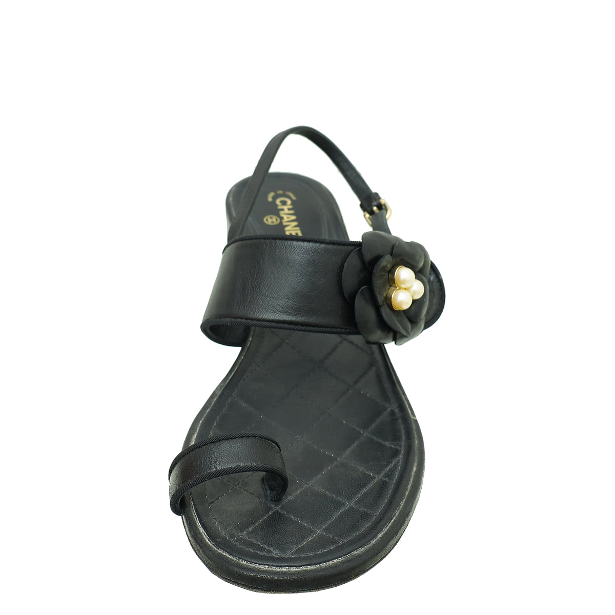 Chanel Black CC Pearl Camellia Flower Flat Sandal 37.5