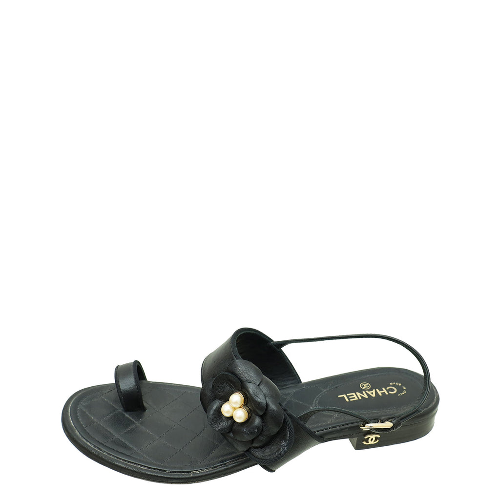 Chanel Black CC Pearl Camellia Flower Flat Sandal 37.5