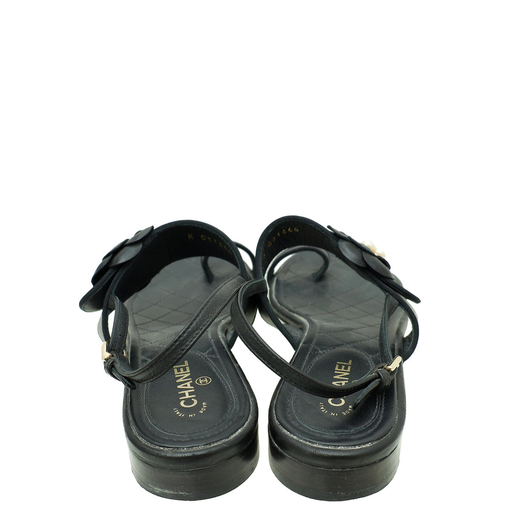 Chanel Black CC Pearl Camellia Flower Flat Sandal 37.5