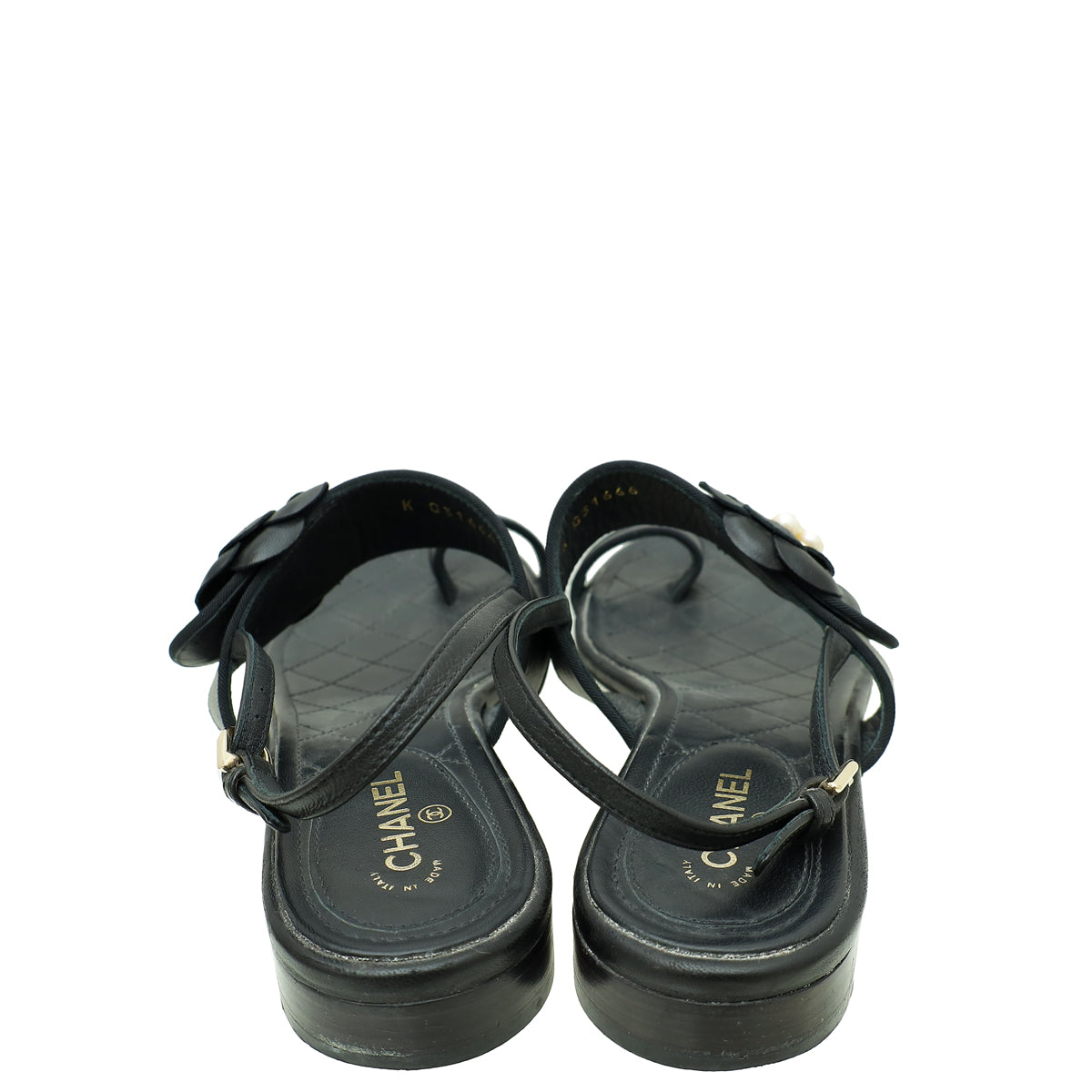 Chanel Black CC Pearl Camellia Flower Flat Sandal 37.5