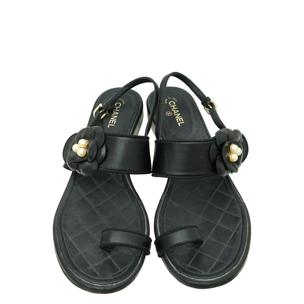 Chanel Black CC Pearl Camellia Flower Flat Sandal 37.5