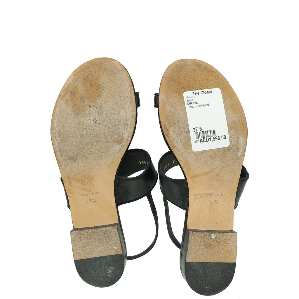 Chanel Black CC Pearl Camellia Flower Flat Sandal 37.5