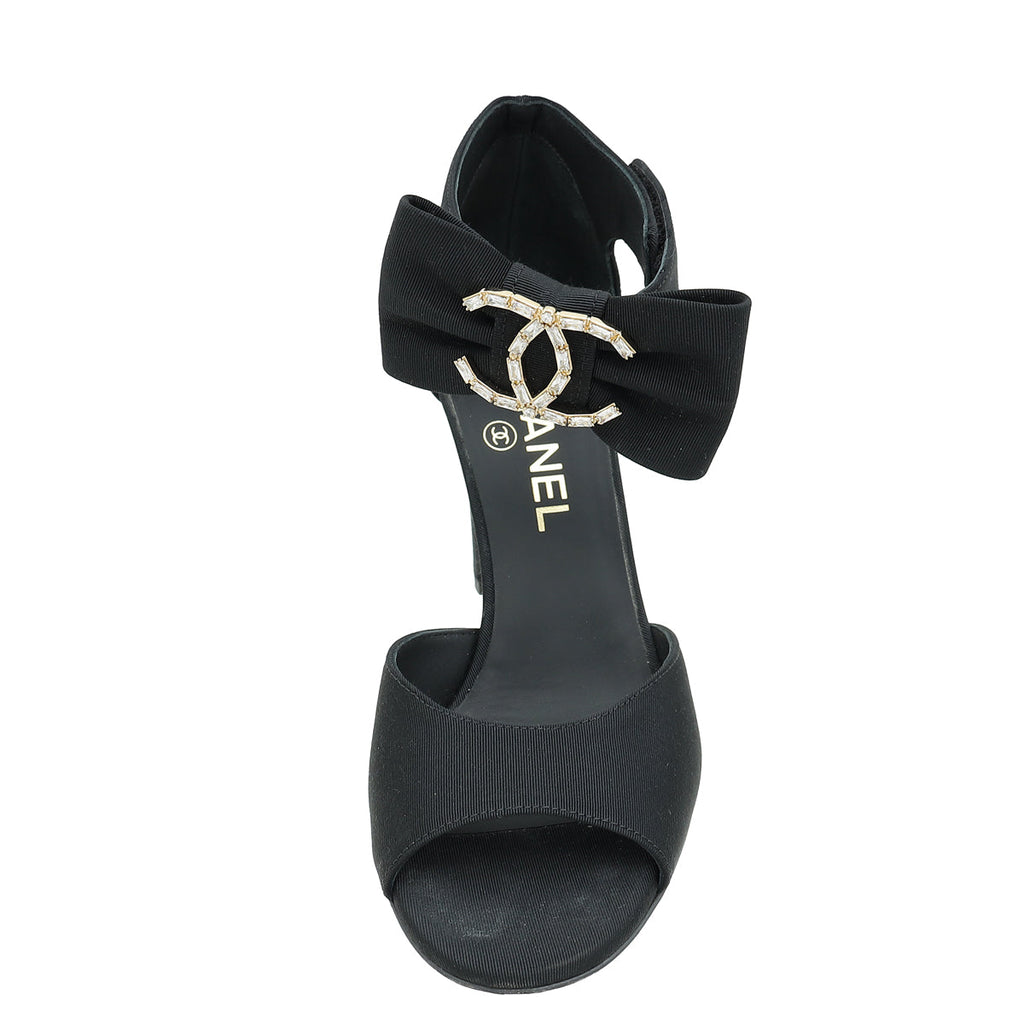 Chanel Black CC Crystal Bow Ankle Sandal 37.5