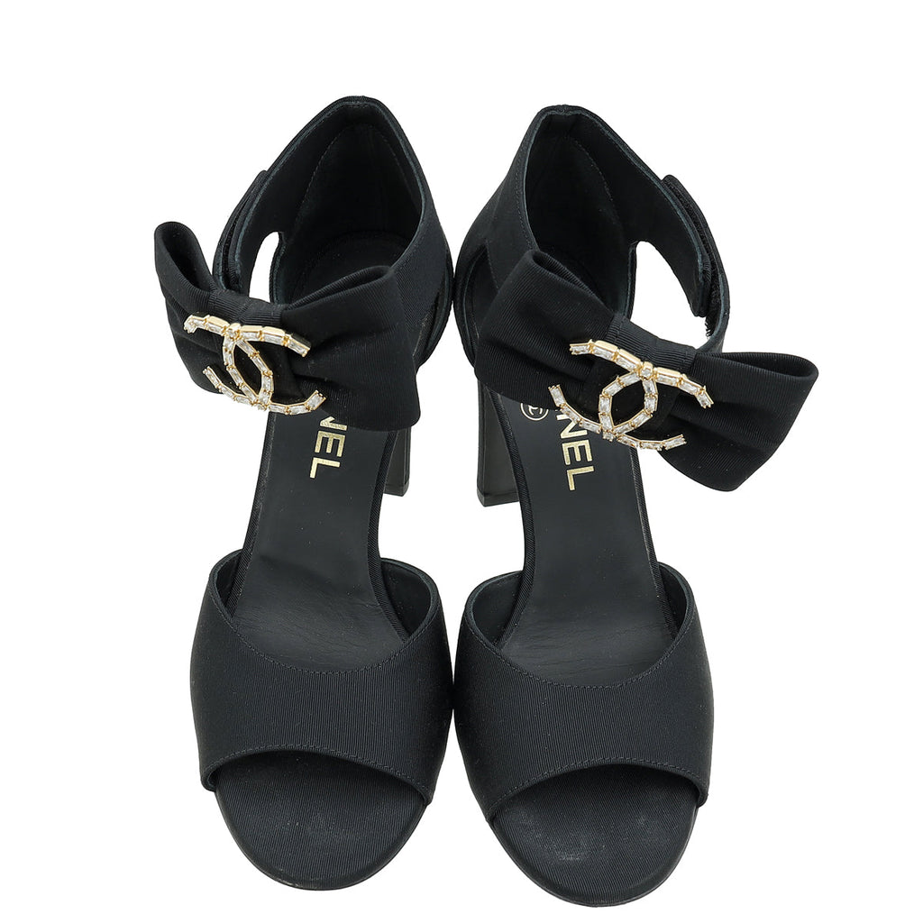 Chanel Black CC Crystal Bow Ankle Sandal 37.5
