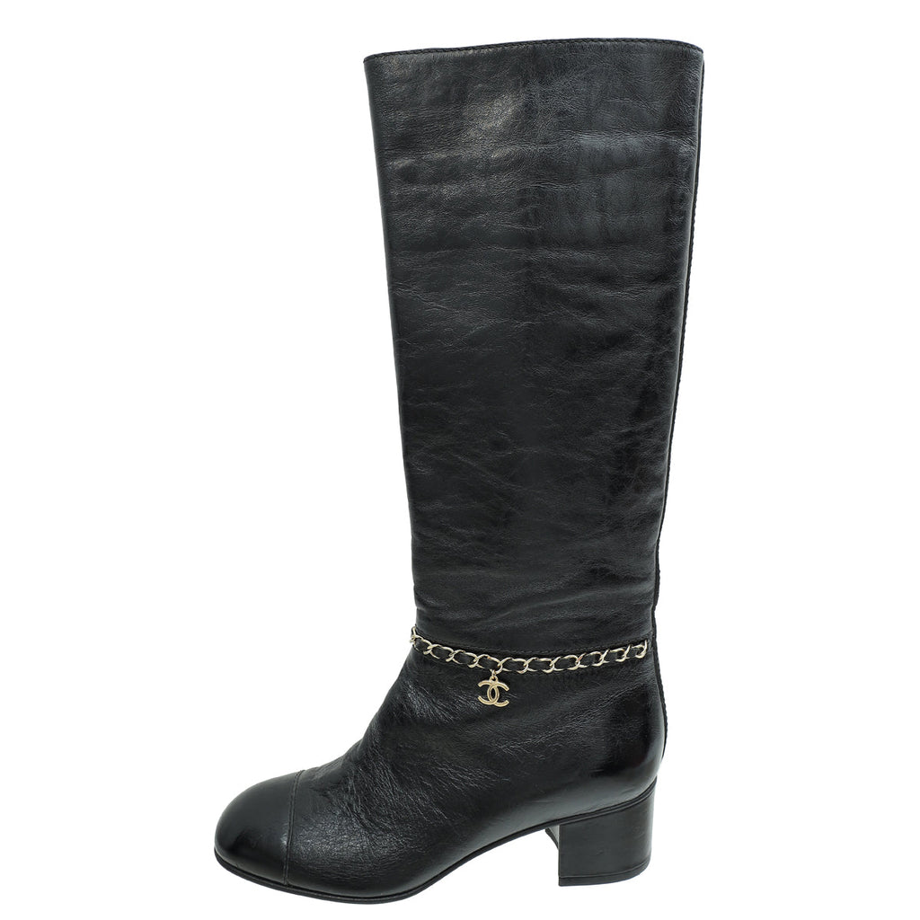 Chanel Black CC Cap Toe Chain High Boots 37.5