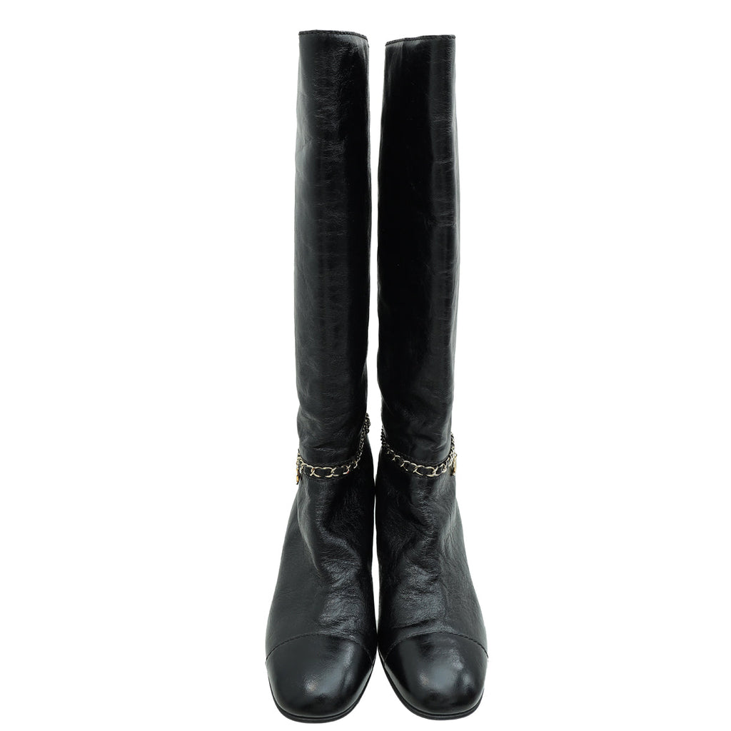 Chanel Black CC Cap Toe Chain High Boots 37.5