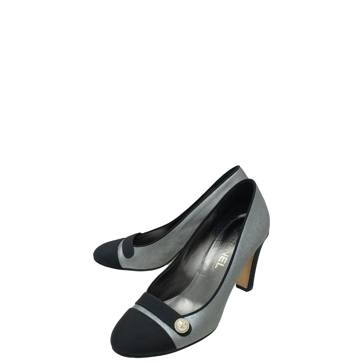 Chanel Bicolor CC Botton Pearl Cap Toe Pump 37.5