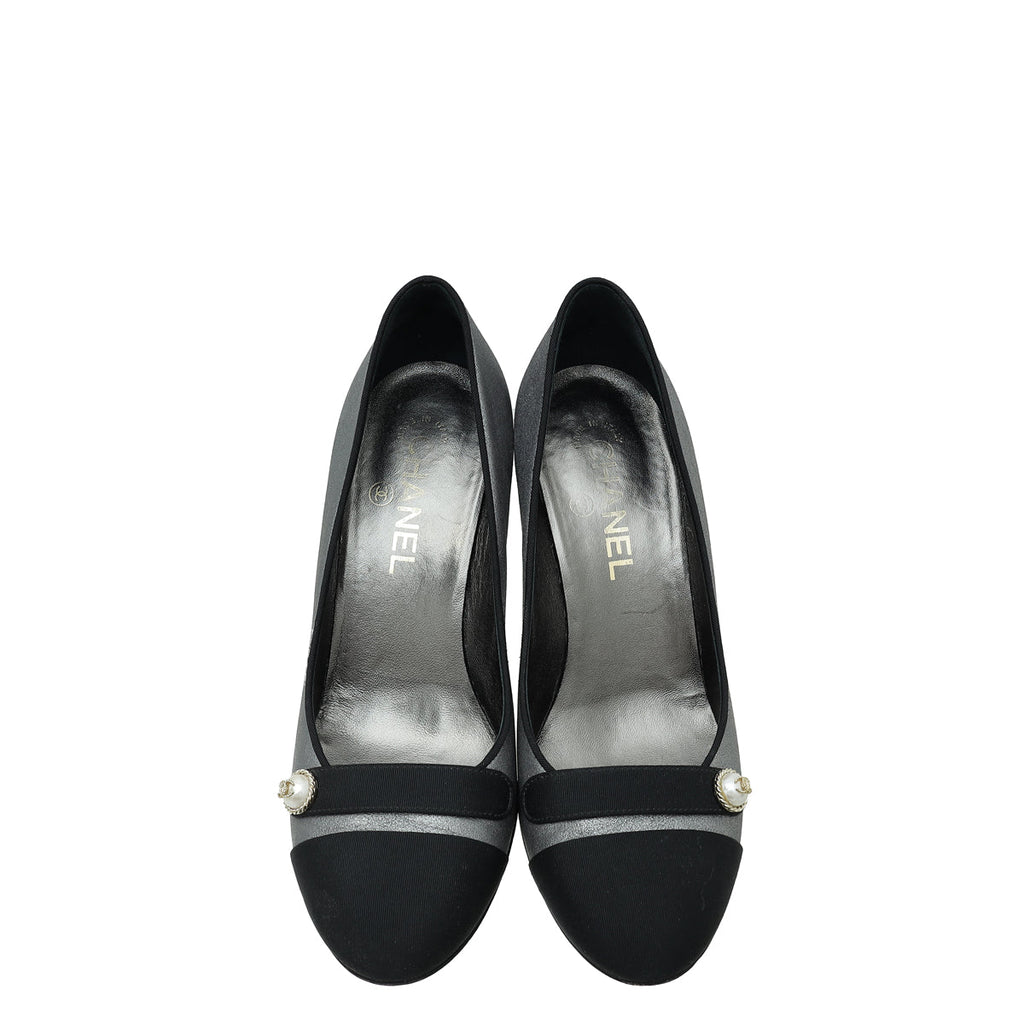 Chanel Bicolor CC Botton Pearl Cap Toe Pump 37.5