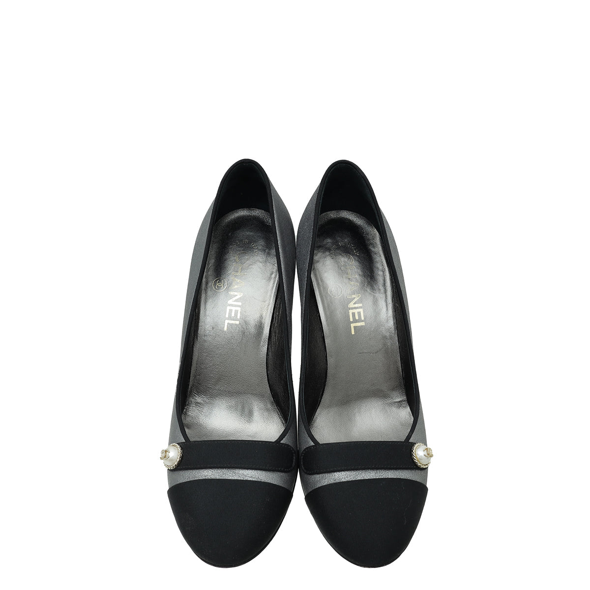 Chanel Bicolor CC Botton Pearl Cap Toe Pump 37.5