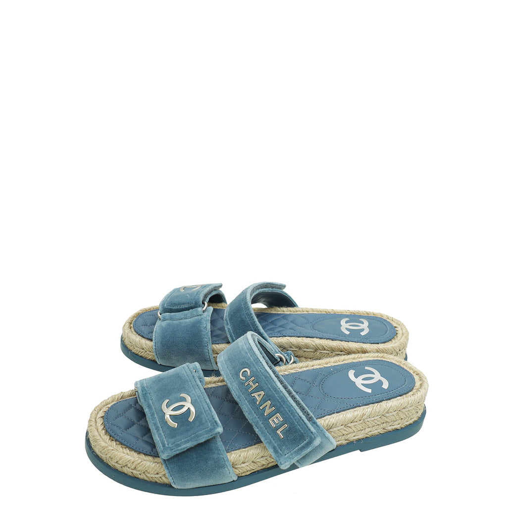 Chanel Blue CC Velvet Slider Espadrille Mules 37