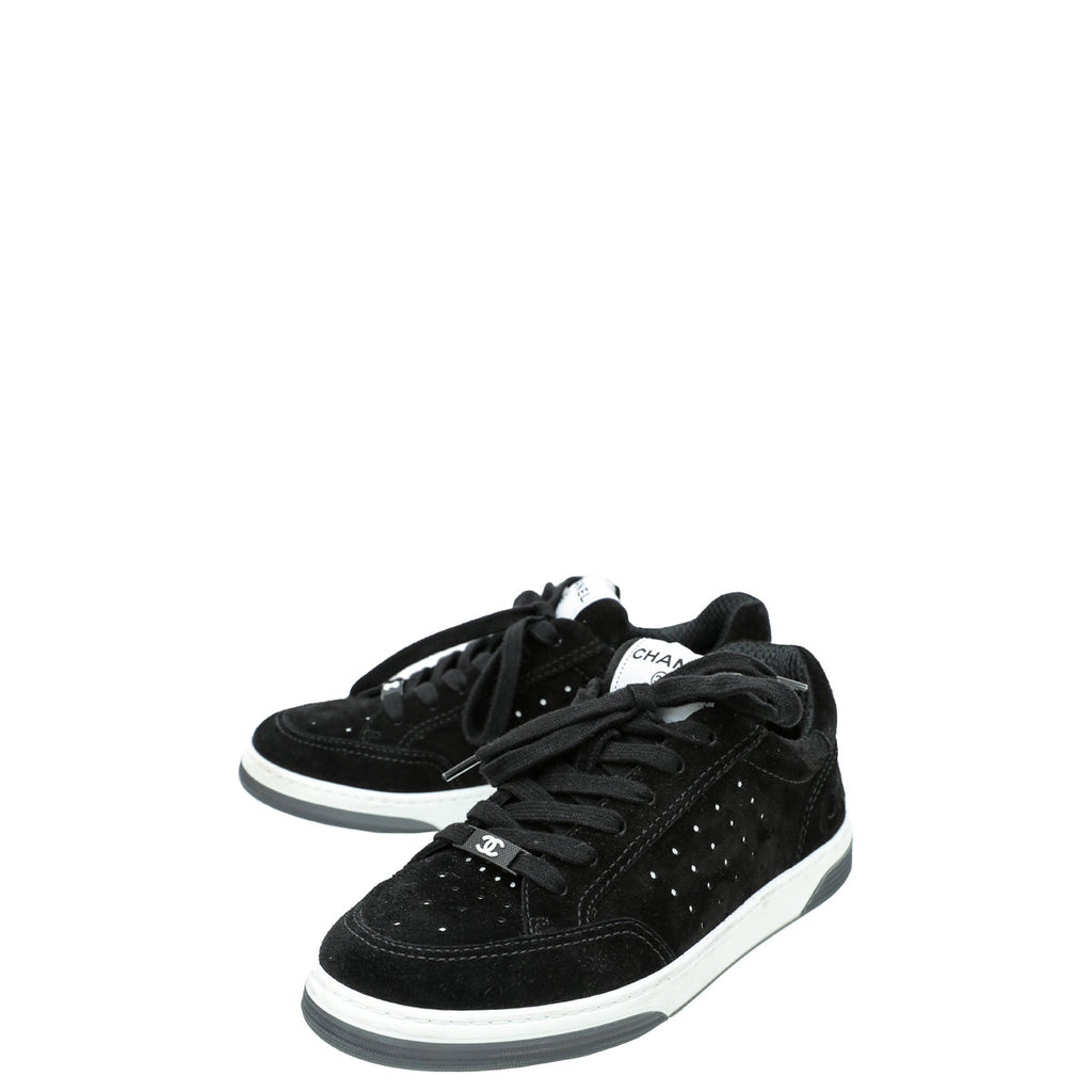 Chanel Black Suede Perforated CC Lace Up Sneakers 37