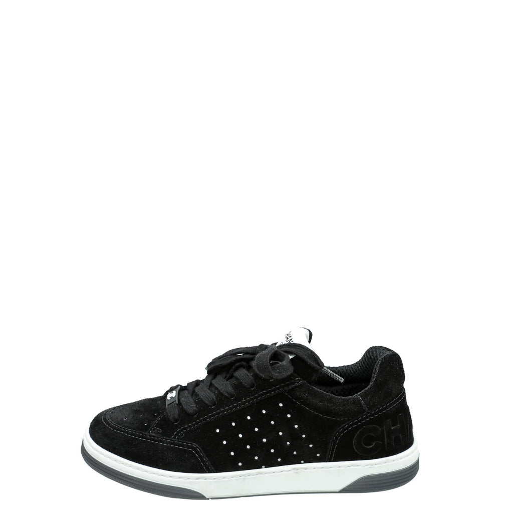Chanel Black Suede Perforated CC Lace Up Sneakers 37